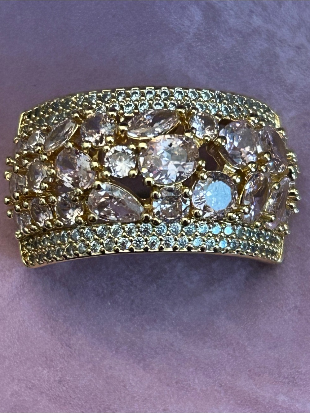 ‘Lyrical Lure’ Yellow Gold Plated Rose Quartz & Cubic Zirconia Floral Band Ring
